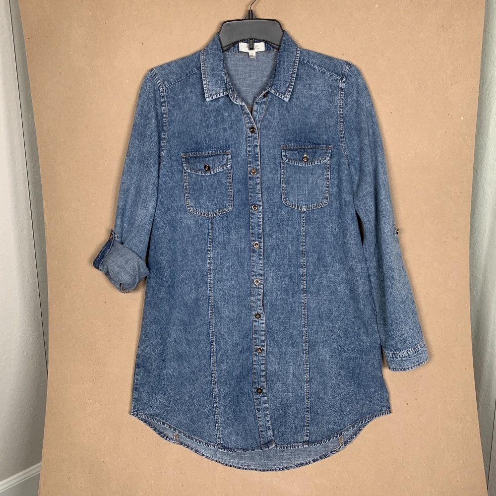 100% Cotton Blue Denim Button-Down Shirt Dress M